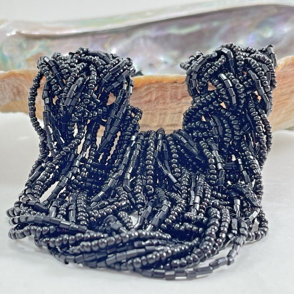 Andrew Stone Chunky Braided Pote Beaded Necklace 13" Black Himalayan Adjustable